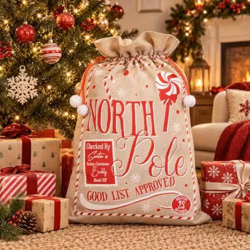 Shatchi North Pole Hessian Christmas Sack in Red, White and Beige, W: 60 cm, H: 78 cm – 2