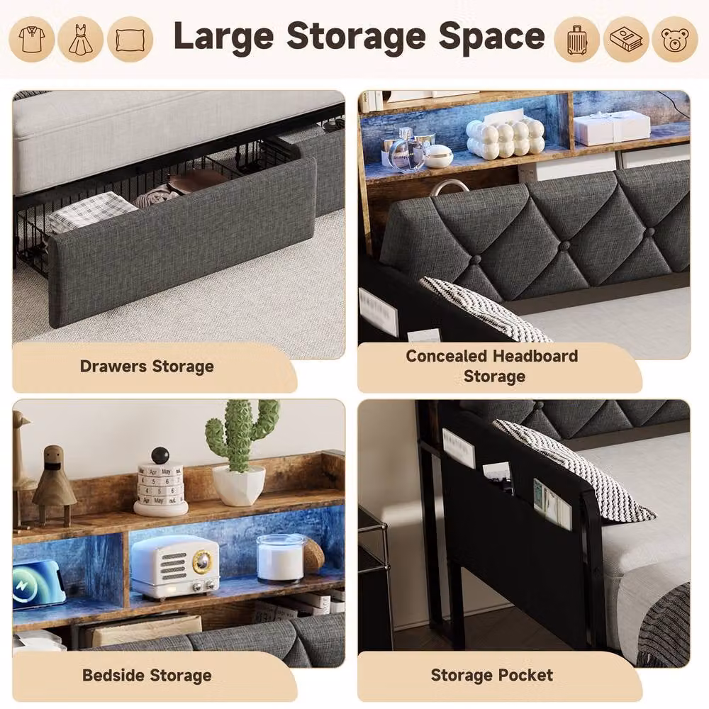 Matteo Upholstered Single Daybed with Trundle, Storage Drawers, LED Lighting and USB Charging Port in Grey – 5
