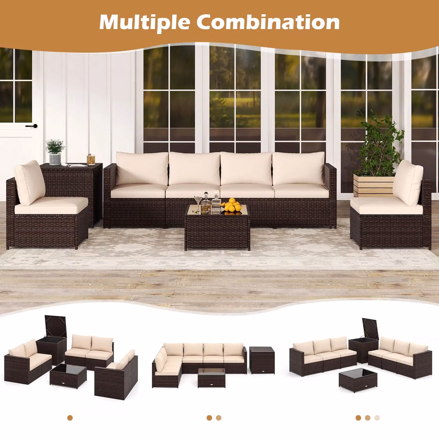 Gymax 8-Piece Brown and Beige Polyrattan L-Shape Sectional Sofa Set with Outdoor Coffee Table and Upholstered Cushions – 8
