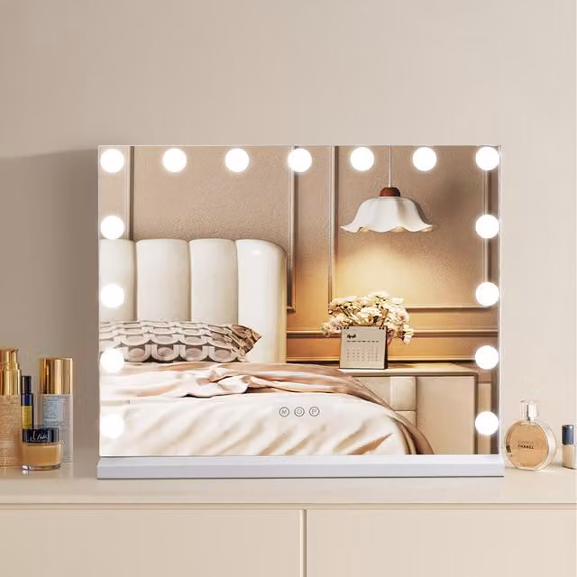 Livingandhome Rectangular Hollywood Vanity Mirror with Dimmable LED Lights in White