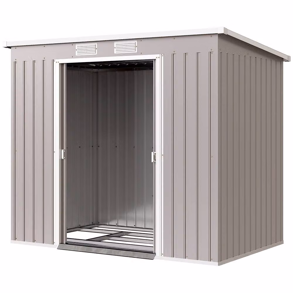 Rolipo Grey Galvanised Steel Garden Shed with Foundation Kit and Double Doors – 2