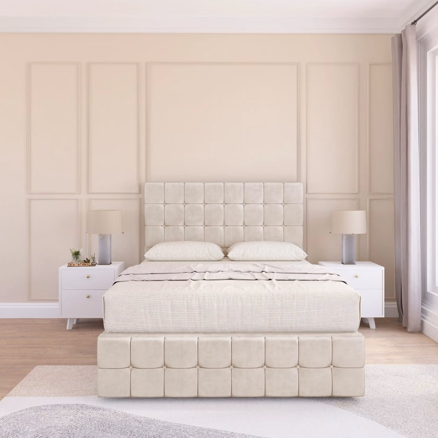 Sloomy Berlin Divan Bed Base with 54 inch Floor Standing Chesterfield Headboard and 12 inch Footboard, Beige, W/D/H: 200 x 200 cm