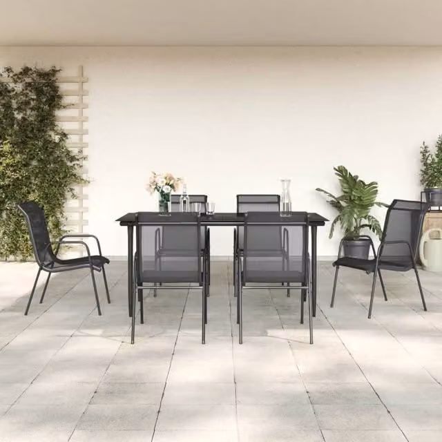 Berkfield Home 7 Piece Garden Dining Set in Black Steel and Textilene – 1