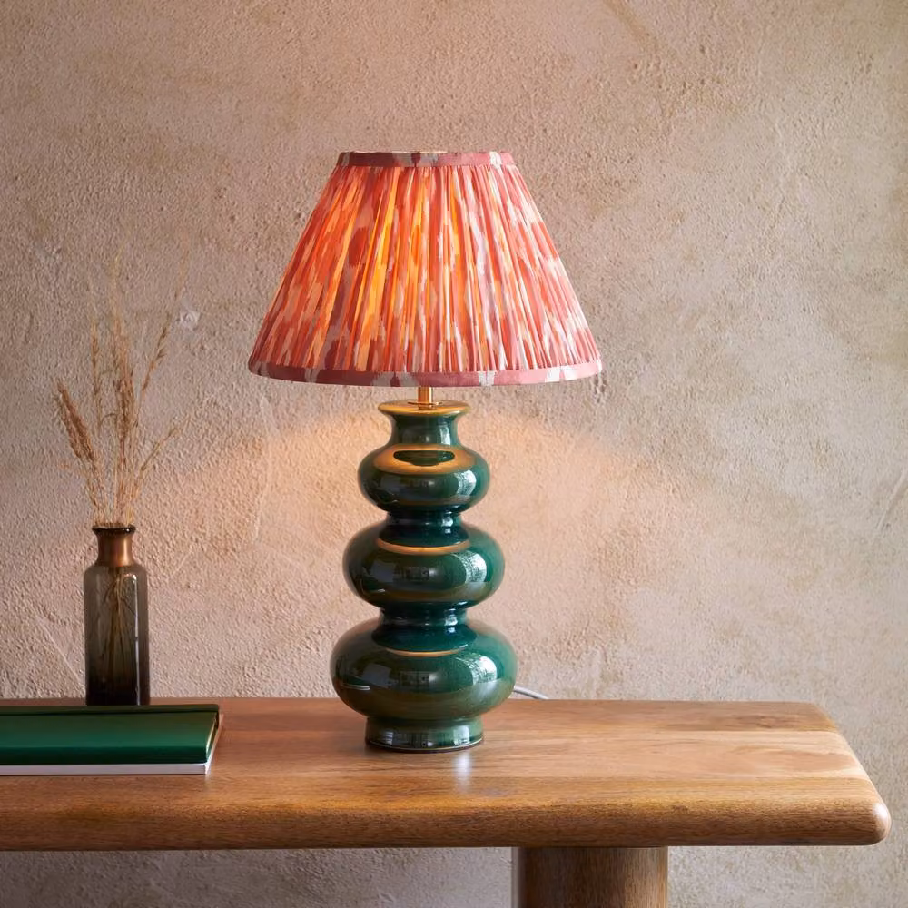 Netlighting Monroe Table Lamp with Green Gloss Glaze Ceramic Base and Pink Fabric Ikat Shade, Diameter: 30 cm – 2