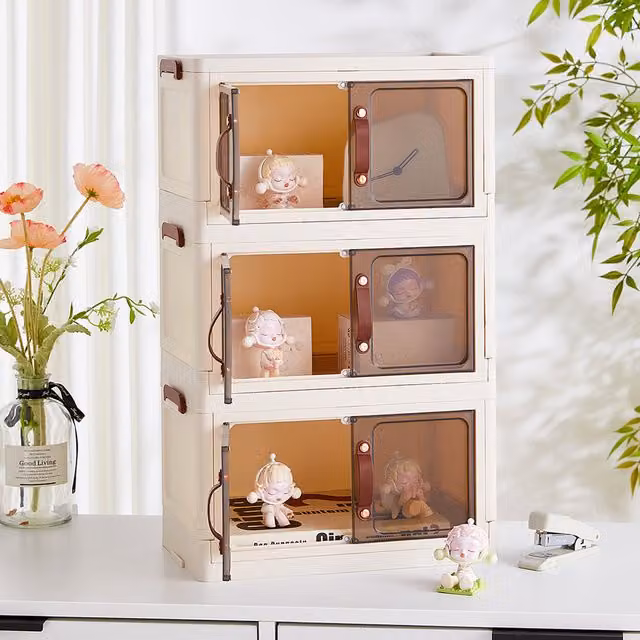 Livingandhome 3-Tier Stackable Multi-Compartment Desk Organisation Double-Door Storage Box in Brown and White