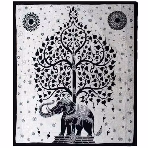 KDMD Double Cotton Bedspread and Wall Hanging Set with Mono Elephant Tree Design in Black – 1