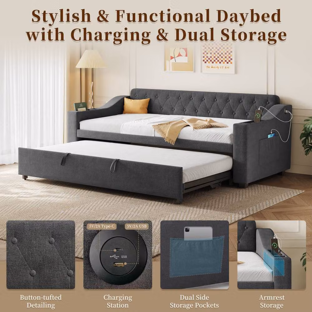 Matteo Grey Linen Upholstered 3ft Single Daybed with USB Charging Port, Side Compartments and Trundle, W/D/H: 90 x 190 cm – 5