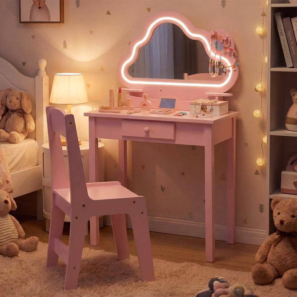 CASART Kids Vanity Set with LED Cloud Mirror and Jewelry Rack in Pink – 3