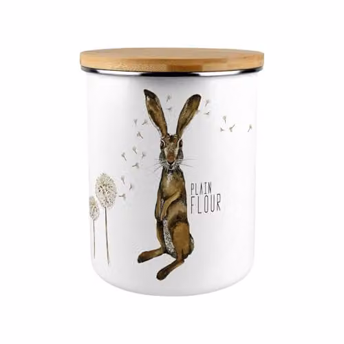 Purely Home Hares & Dandelions Extra Large Enamel Plain Flour Canister in Brown and White with Bamboo Lid