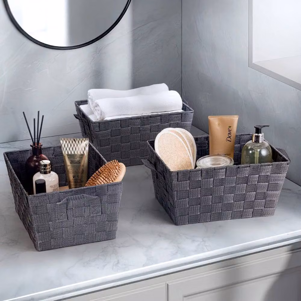 EONLION Set of 3 Fabric and Metal Storage Baskets with Handles in Grey, Width: 50 cm – 2