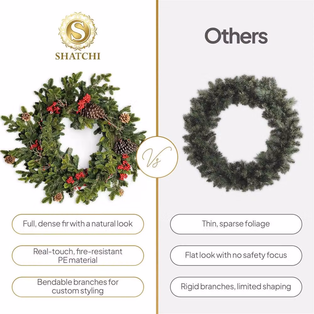 Shatchi Artificial Fir Christmas Wreath in Green and Red, Diameter: 60 cm – 7