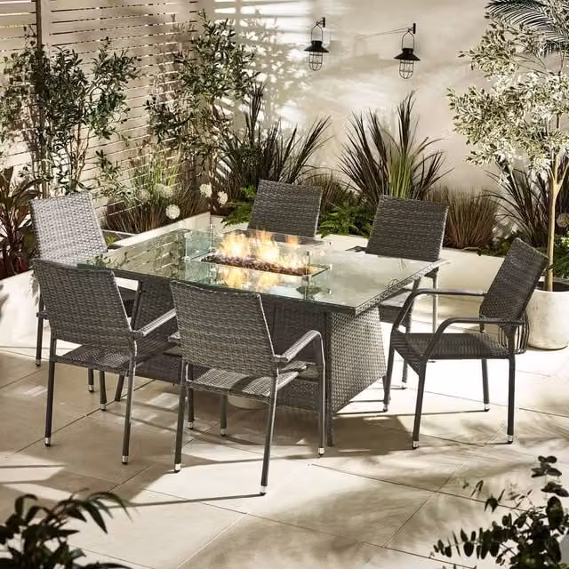FurnitureboxUK Marbella 6 Seat Grey Polyrattan Garden Dining Set with Firepit Table