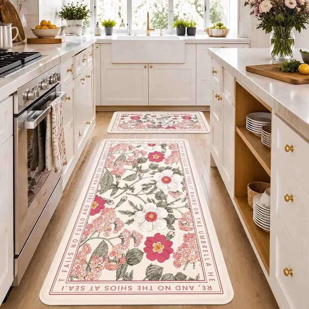 FLAVORA XL Retro Floral Floor Mat, Multicolour Pink and White, W: 100 cm x D: 100 cm – 3