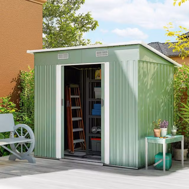 Outsunny Metal Pent Garden Storage Shed with Window and Sliding Door, Green, W/D/H: 213.36 x 121.92 x 182.0 cm – 2