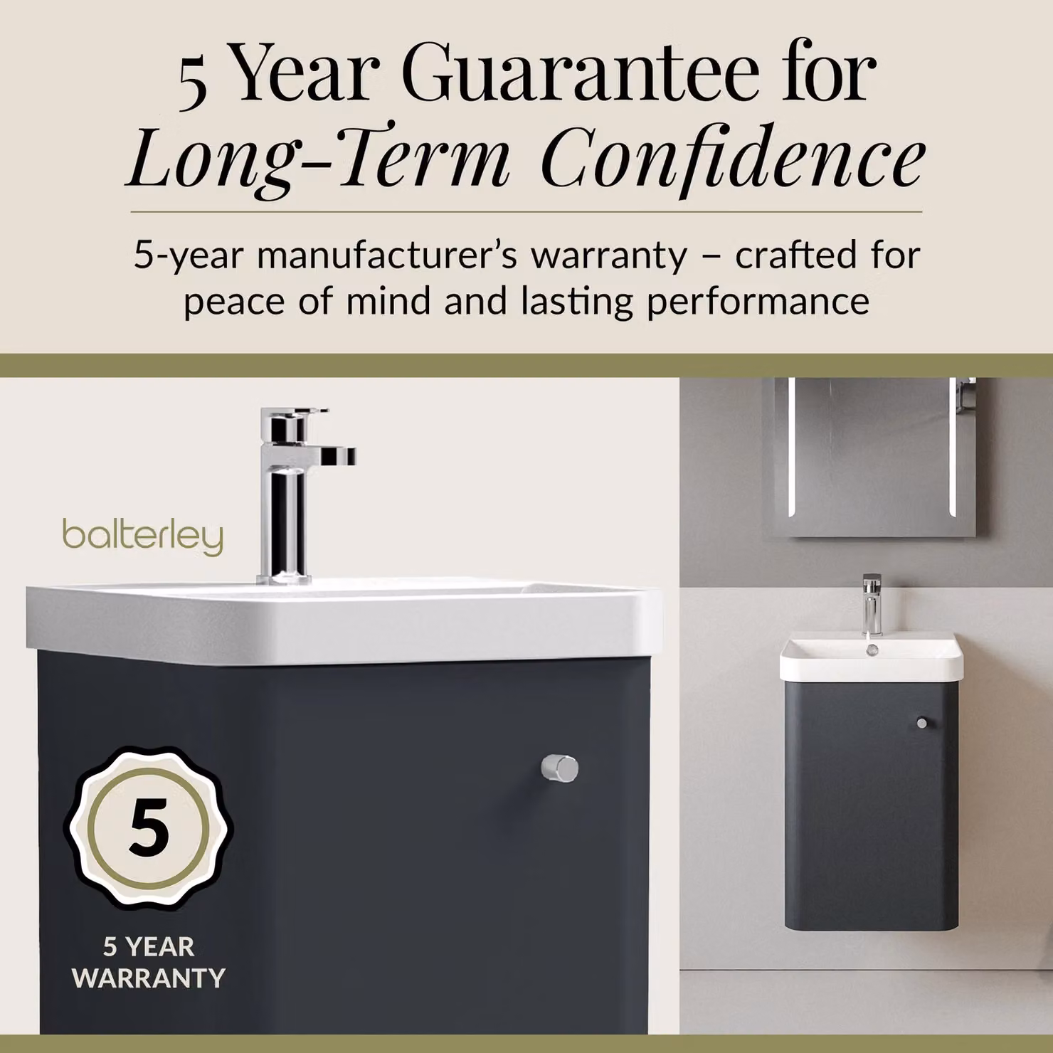Balterley Wall Hung 1 Door Modern Bathroom Vanity Unit with Ceramic Sink, Dark Grey, Width: 40 cm – 3