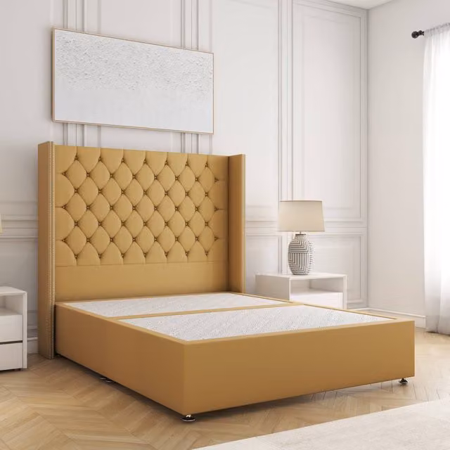 BSSPOKE Olivia Double Divan Bed with 54 inch Headboard in Yellow Plush Velvet, W/D/H: 140 x 200 cm