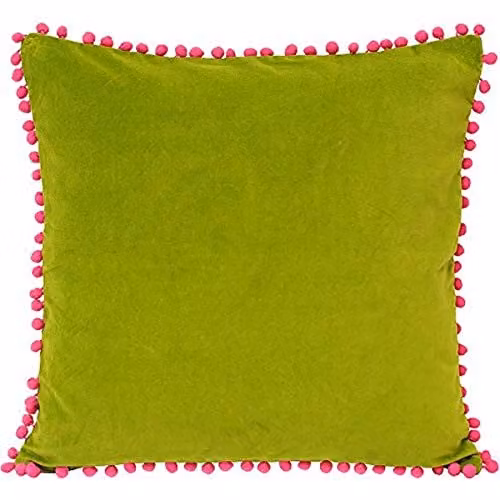 Riva Paoletti Green Faux Velvet Cushion with Contrasting Fuchsia Pink Pompom Edges and Hidden Zip Closure, W/D/H: 45 x 45 x 45 cm – 1