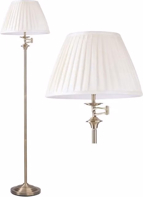 First Choice Lighting Antique Brass Adjustable Swing Arm Floor Lamp with White Fabric Pleated Shade, H 157 cm x W 41 cm x D 41 cm