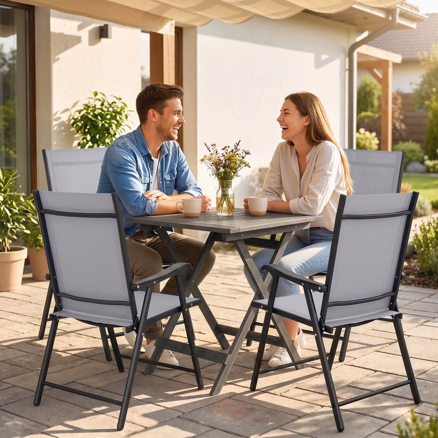Outsunny Set of 4 Folding Garden Dining Chairs with High Back, Armrests and Textilene Seats in Light Grey – 2