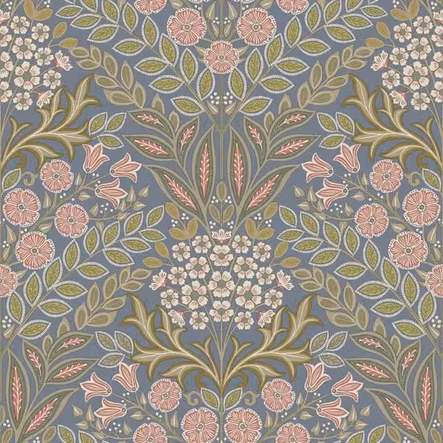 Grandeco Belevedere Arts and Crafts Floral Damask Botanical Wallpaper, Blue