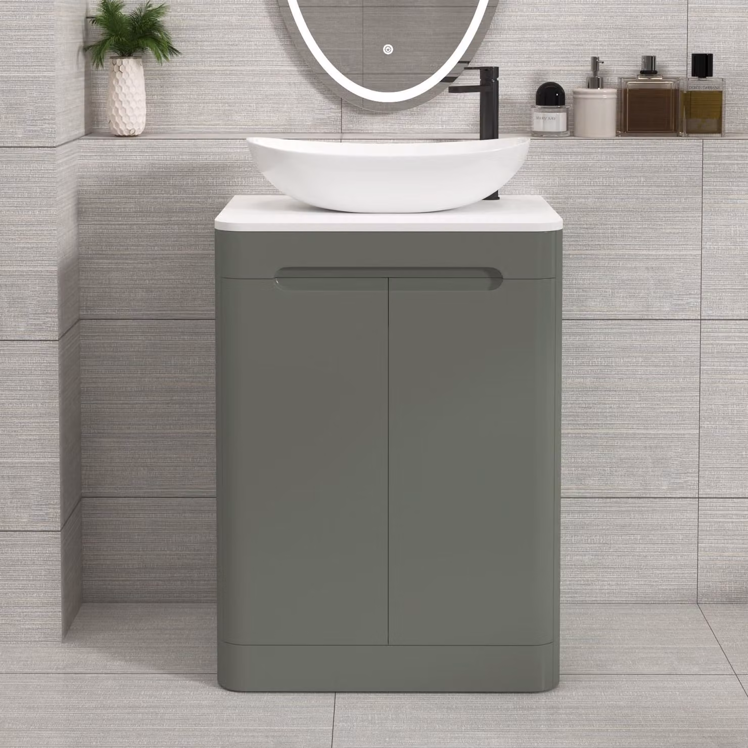 Royal Bathrooms Venice 600mm Sage Green Floor Standing 2 Door Vanity Unit with Plain White Worktop and Cesar Basin