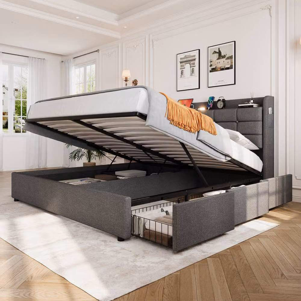 Merax Grey Upholstered King Size Ottoman Bed with Integrated Reading Light and USB Charging Port, W/D/H: 180 x 200 cm – 2