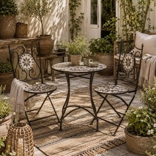 Wyld Haus Lilera 3 Piece Grey Mosaic Tile Bistro Set with Folding Metal Chairs