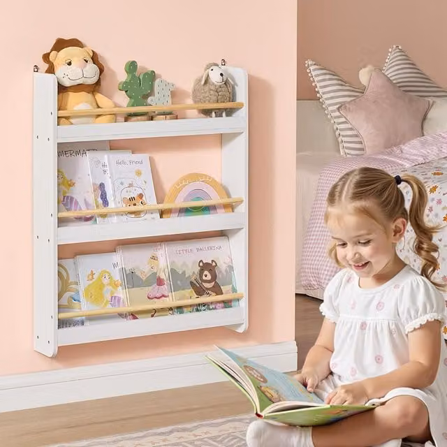 SONGMICS 3-Tier Kids Bookshelf Wall Mounted Childrens Bookcase in White