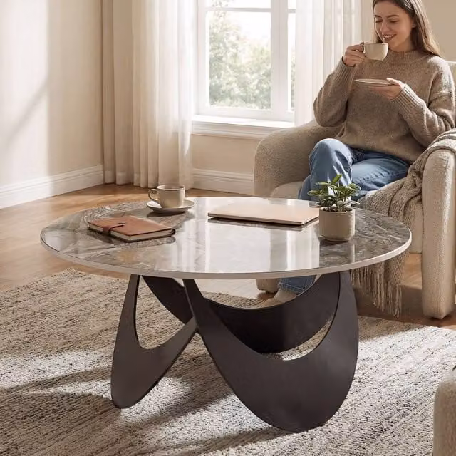 HOMCOM Modern Round Coffee Table with Sintered Stone Top in Brown and Black, W/D/H: 80 x 80 x 40 cm – 1