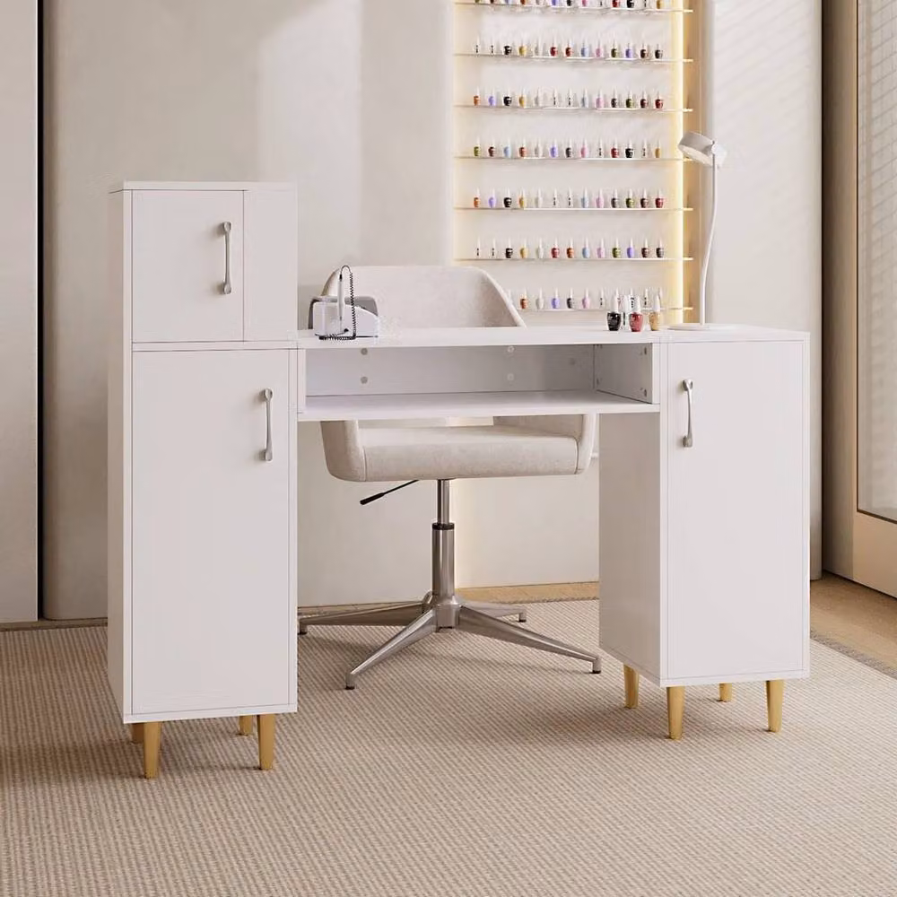 EONLION L-Shaped Nail Desk Manicure Table with Storage Cabinet in White – 3