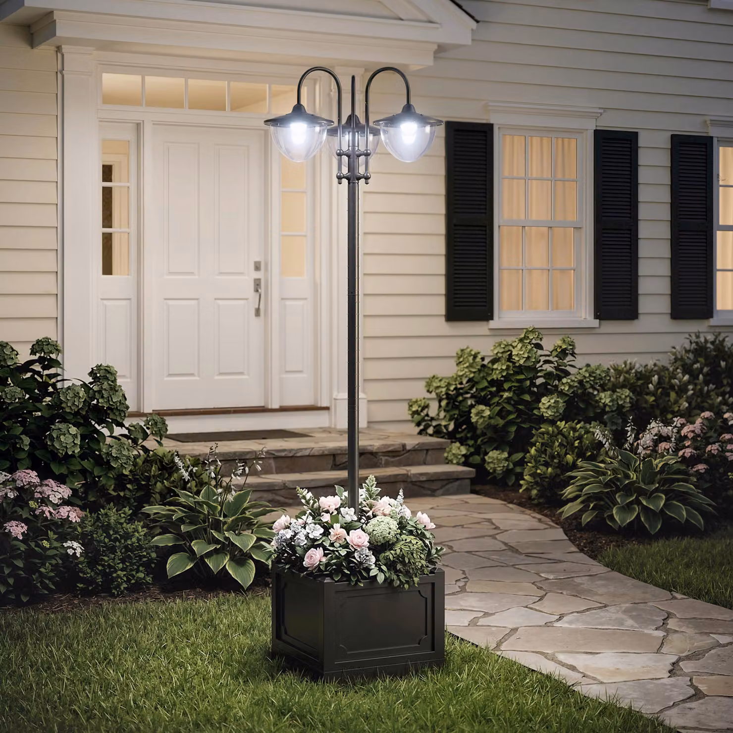 Outsunny 3-Head Solar LED Street Light Post with Planter, Black, Height: 189 cm – 4
