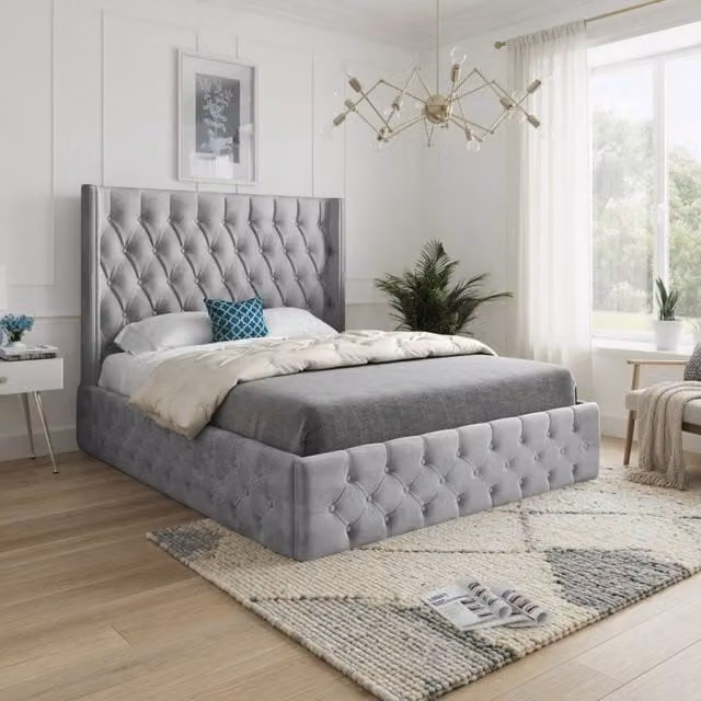 KDMD Winchcombe Winged Upholstered Designer Bed Frame in Grey Soft Velvet, Size: Small Single (W/D/H: 100 x 200 cm) – 1
