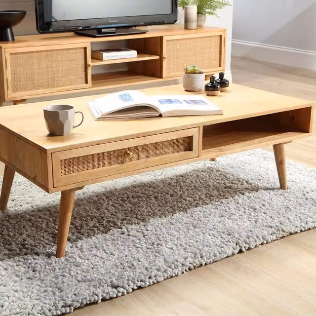 Manhattan Natural Mango Wood and Rattan Coffee Table in Brown and Yellow