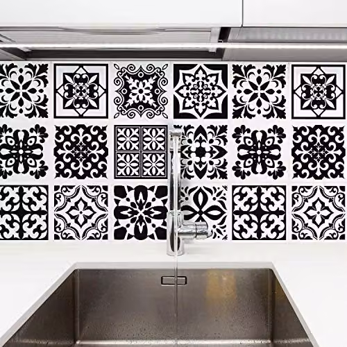 WALPLUS Mediterranean Geometric Wall Tile Sticker Set in Black and White, 24 pcs, 15 x 15 cm