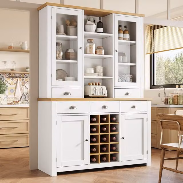 Aosom UK White Kitchen Pantry Cabinet with Wine Rack, Glass Doors and 5 Deep Drawers, W/D/H: 120 x 40 x 185 cm