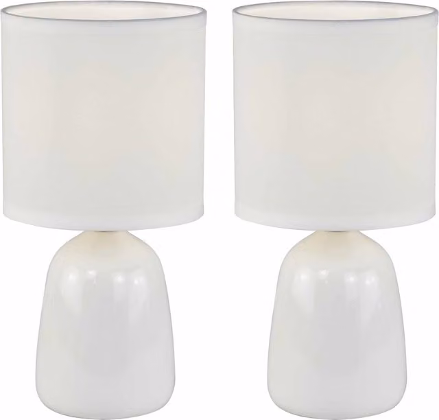 First Choice Lighting Cleo Set of 2 White Ceramic Table Lamps with Fabric Shades, Height: 25.5 cm