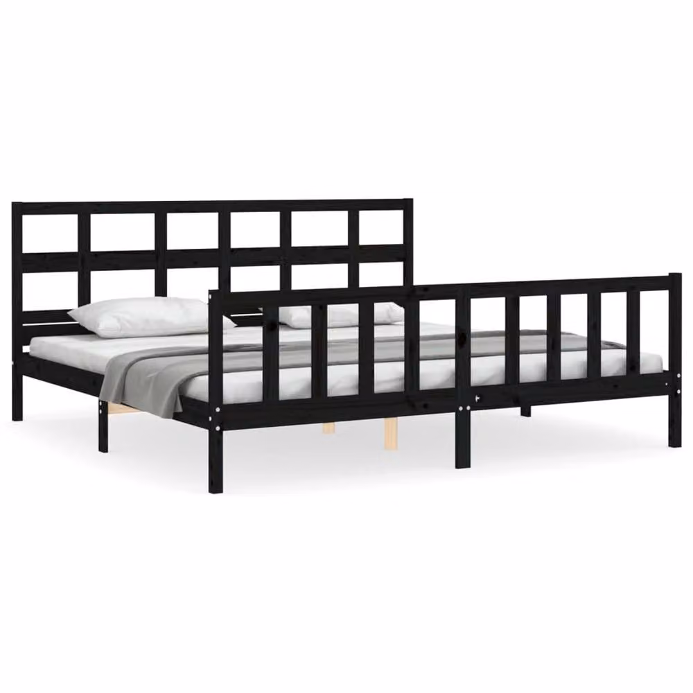 Berkfield Home Beautiful Bed Frame with Headboard in Black Solid Pine Wood W/D/H: 200 x 200 x 205.5 cm – 2
