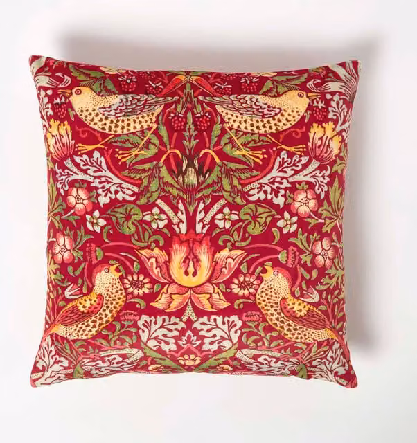 Homescapes Red Floral Velvet Square Cushion, 45 x 45 cm