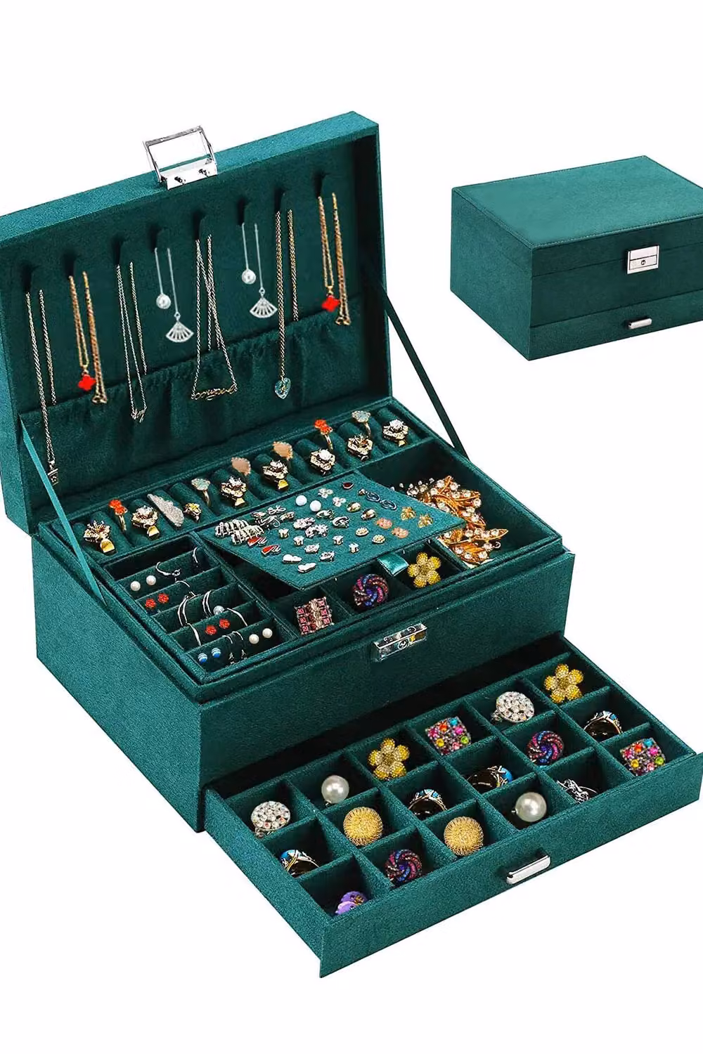 Living and Home 3-Tier Green Fabric Jewelry Box with Lock, W/D/H: 24.0 x 11.0 x 1.0 cm – 5