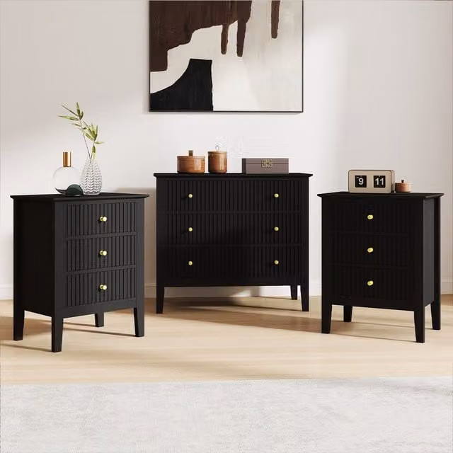 Melody Maison Hales Black Matt 3 Drawer Chest and Pair of Bedside Tables – 1