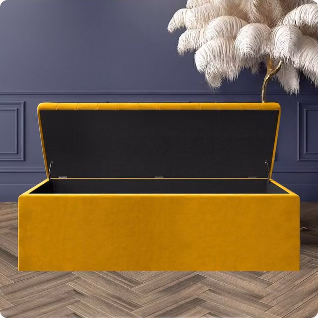 R&M Furnishers Mustard Gold Striped Plush Velvet Upholstered Blanket Chest and End of Bed Bench