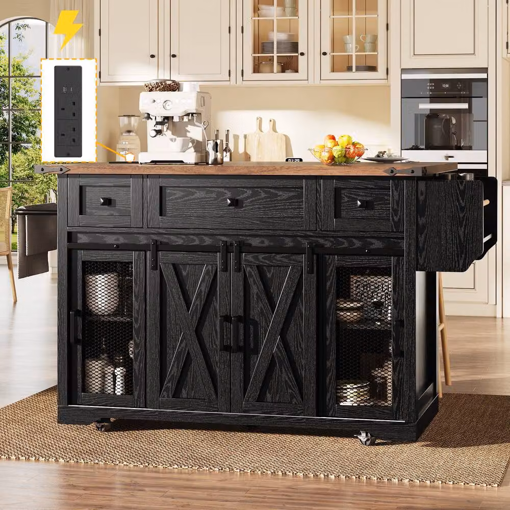 Rolipo Farmhouse Kitchen Island Trolley with Power Sockets and Drop Leaf in Black – 2
