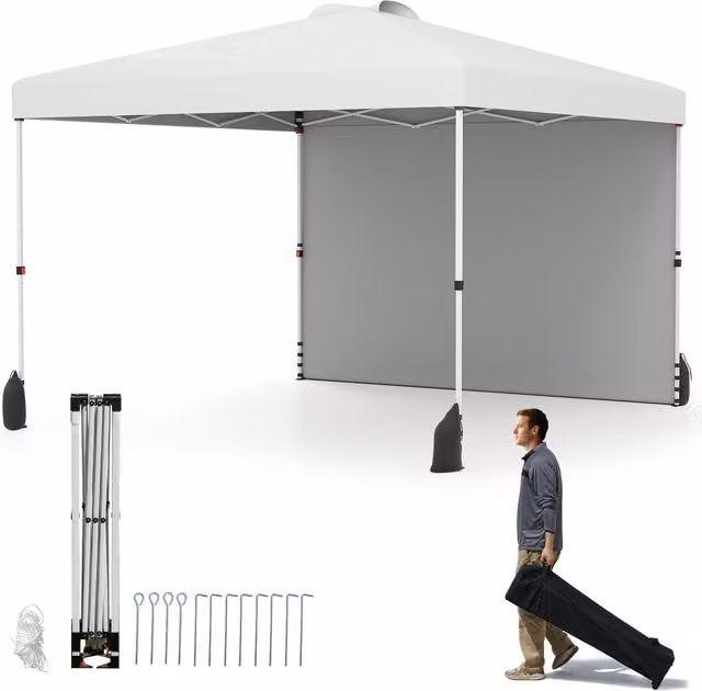 Costway Pop Up Canopy Tent with 1 Sidewall, White, W: 300 cm, D: 300 cm, H: 266 cm