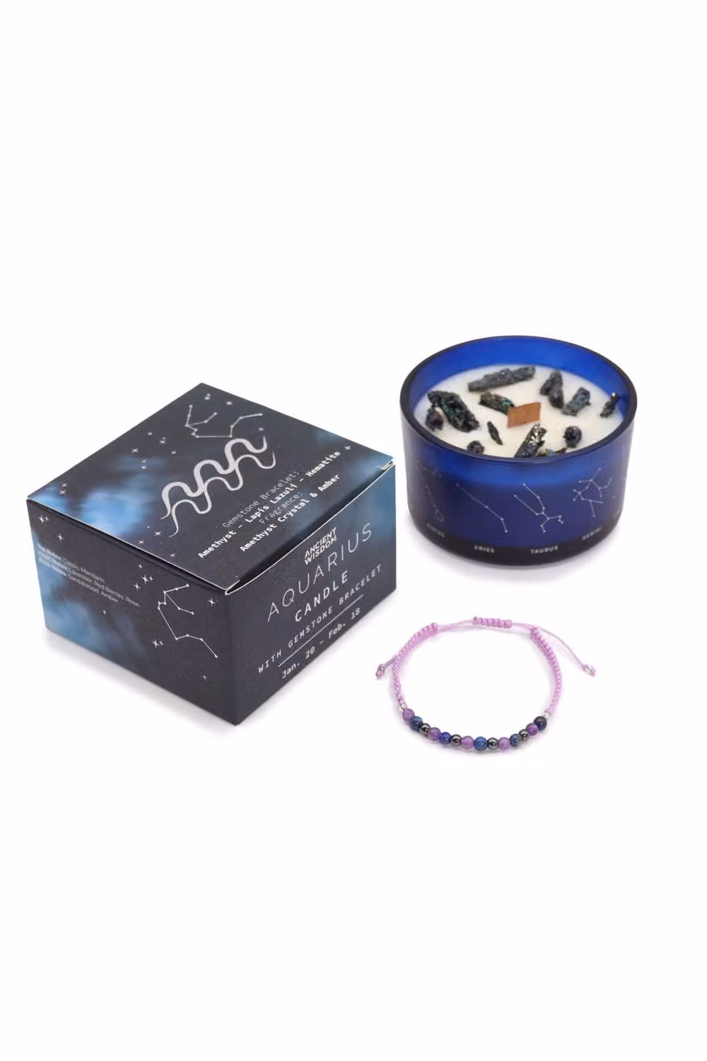 KDMD Aquarius Zodiac Blue Crystal Candle and Gemstone Bracelet Set – 2