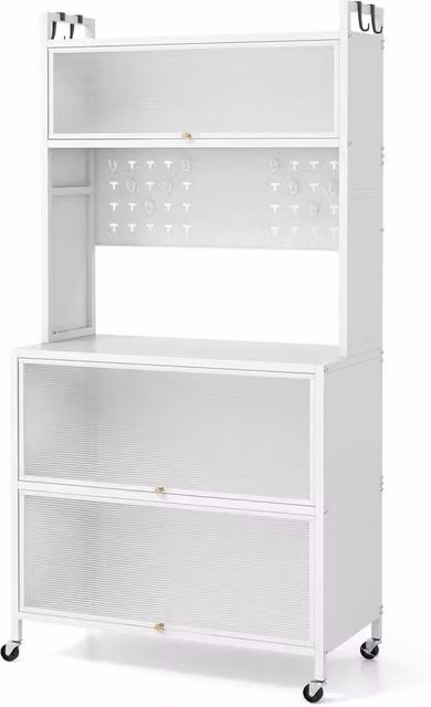 Kelvenix Modern White Kitchen Pantry and Coffee Bar Cabinet with Glass Doors and Internal Shelves, H: 163.0 cm x W: 80.0 cm