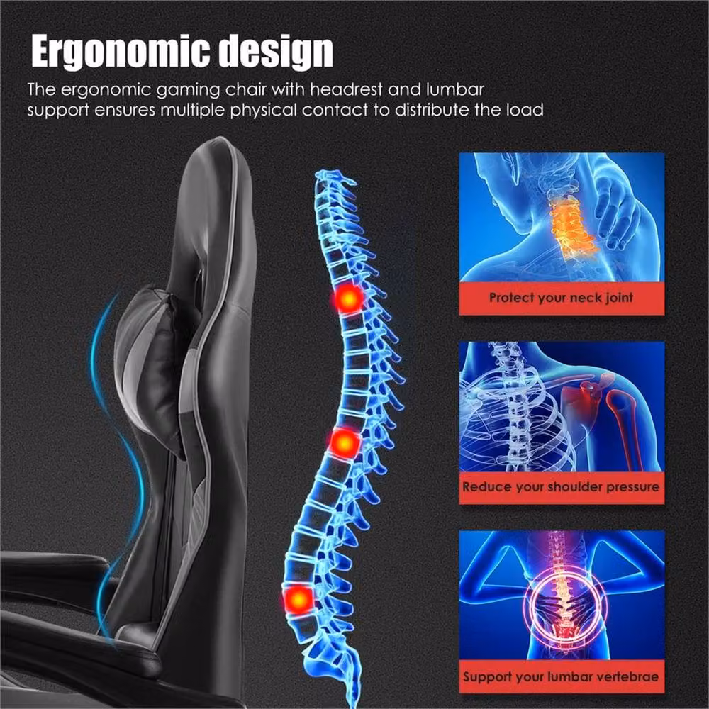 FLAVORA Ergonomic Black Synthetic Leather Gaming Chair with Headrest and Footrest – 3