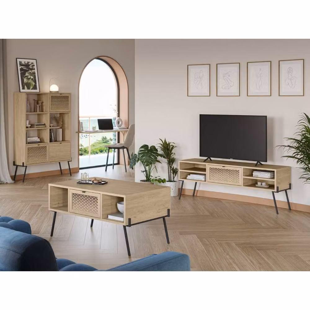 CALICOSY Evan Modern TV Stand with 1 Door, 4 Shelves and Metal Legs in Brown and Black – 2