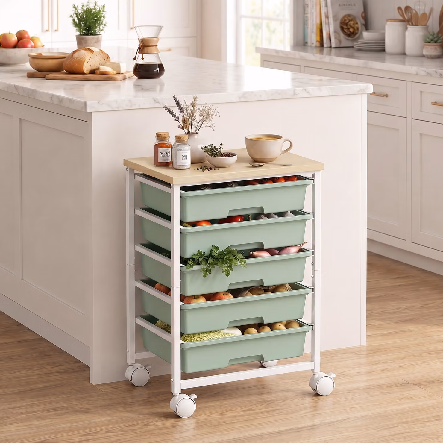 HOMCOM 6-Tier Metal Kitchen Storage Trolley on Wheels with 5 Pull-Out Drawers, Green, W: 38.5 cm, D: 28.5 cm, H: 53.5 cm – 2