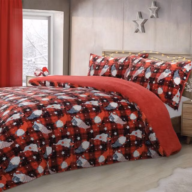 Velosso Gonks Check Flannel Cotton Rich Printed Duvet Cover and Pillowcase Set in Red, King Size (W/D/H: 180 x 200 cm, Pillowcase: 50 x 75 cm)