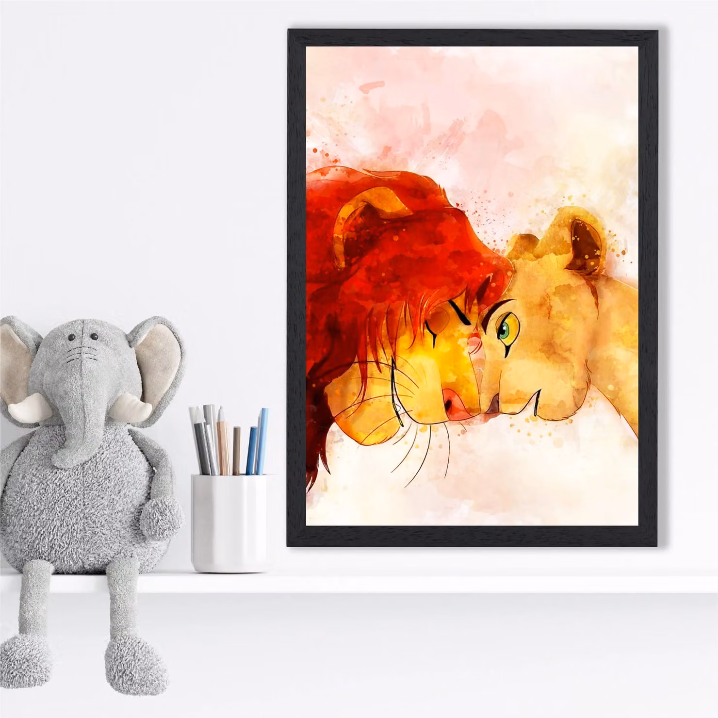 ARTZE Simba and Nala Lion King Watercolour Framed Print, Multicolour with Black Frame, A4 – 2